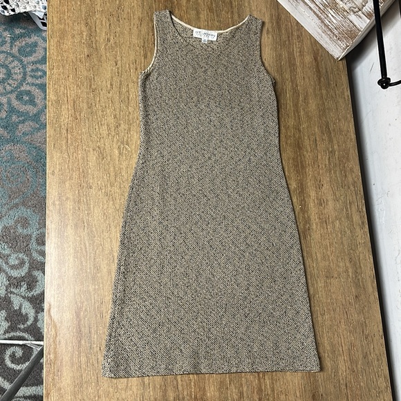 St John Collection great shape tweed cotton khaki tan black stretchy knit dress - Picture 4 of 9